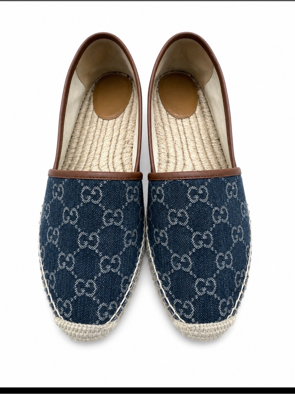 Gucci Blue Denim Monogram Espadrille Loafers with Brown Trim